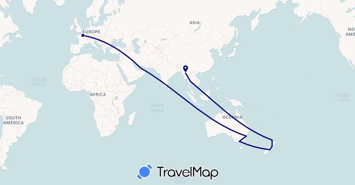 TravelMap itinerary: driving in United Arab Emirates, Australia, France, Myanmar (Burma), New Zealand, Thailand (Asia, Europe, Oceania)